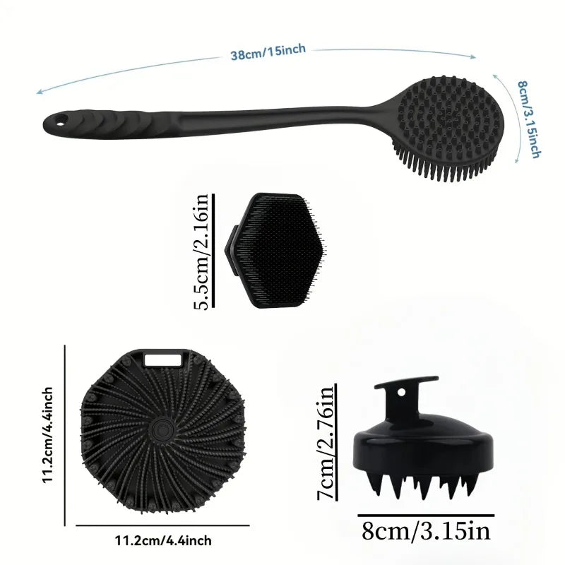 Revitalize Your Skin with Our 4PCS Long Handle Silicone Bath Brush Set - Perfect for Gentle Exfoliating and Deep Cleaning!