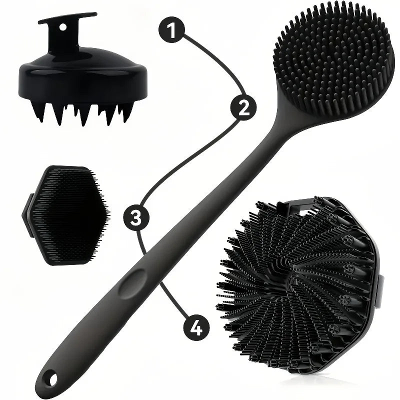 Revitalize Your Skin with Our 4PCS Long Handle Silicone Bath Brush Set - Perfect for Gentle Exfoliating and Deep Cleaning!